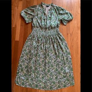 JCrew Smocked Waist Feather Weight Satin Dress in Tossed Floral